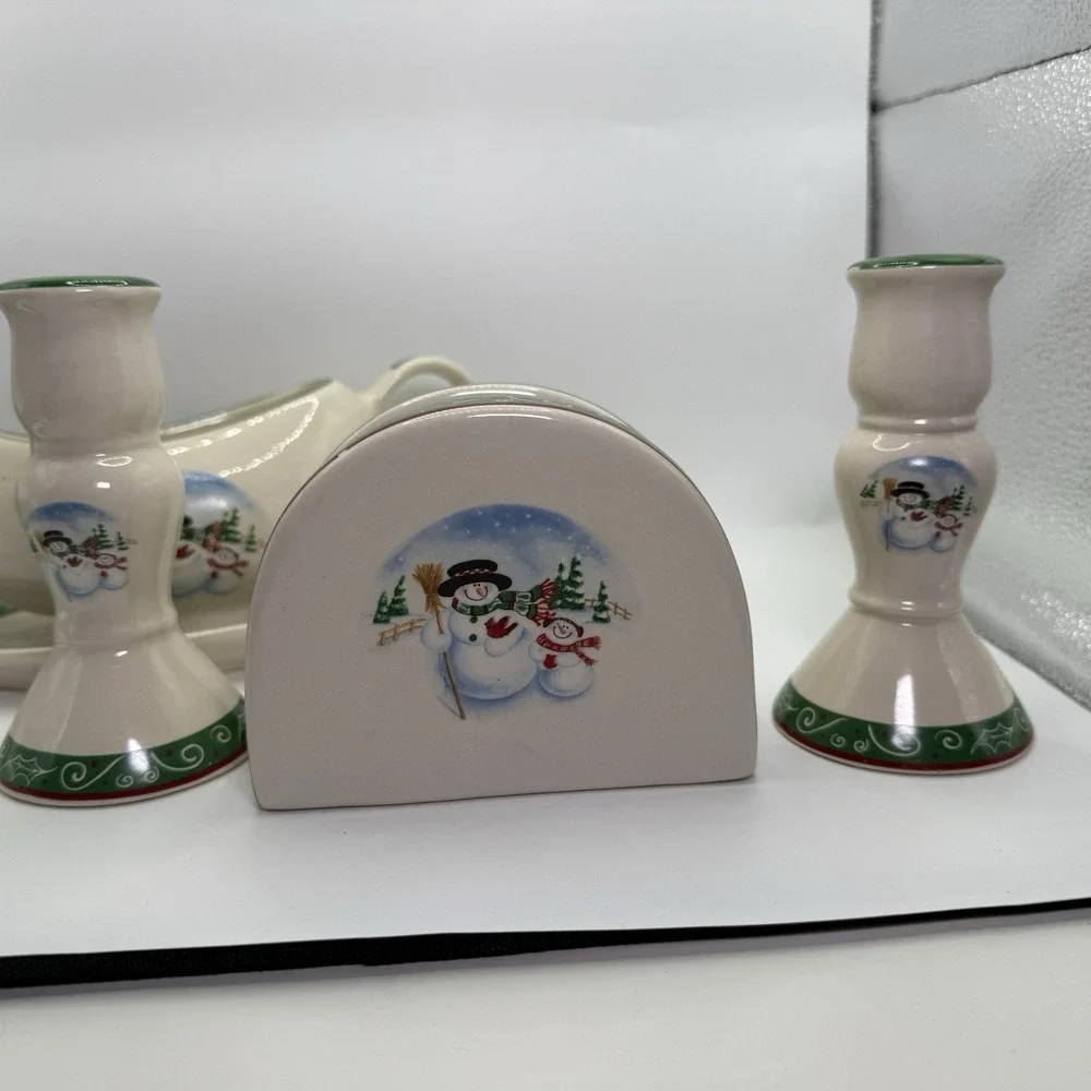 Royal Seasons‎ 5 Piece Stoneware Accessory Set Christmas Holiday Snowmen Green